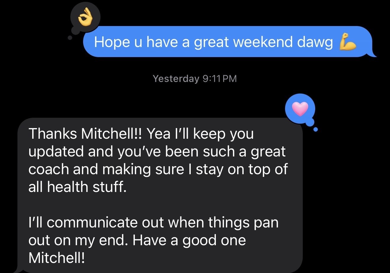 Client testimonial message about weight loss progress