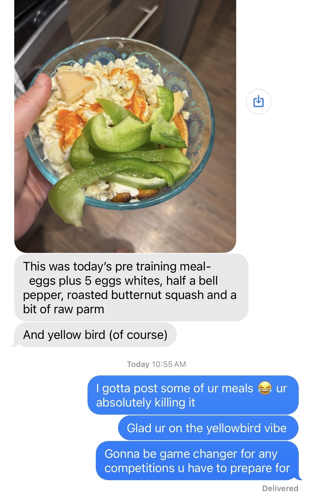 Client testimonial about pre-training meal and nutrition progress
