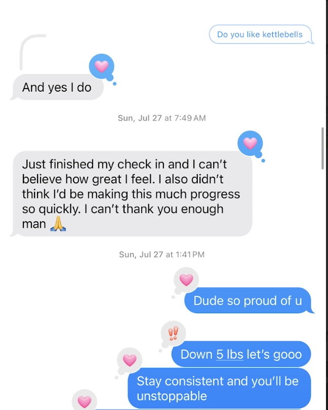 Client testimonial message about check-in progress and feeling great